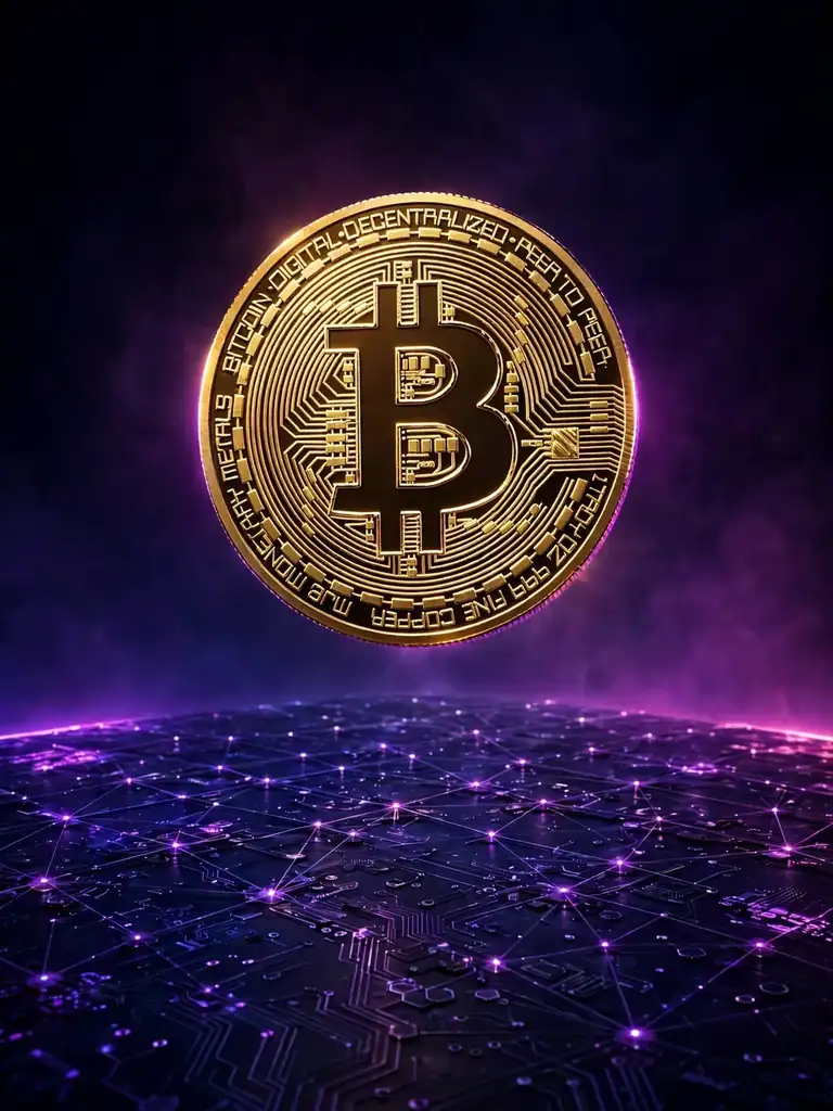 Golden digital coin floating over a blockchain network