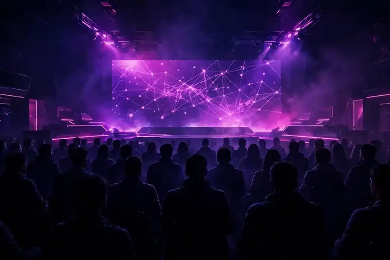 Conference stage with violet and magenta lighting