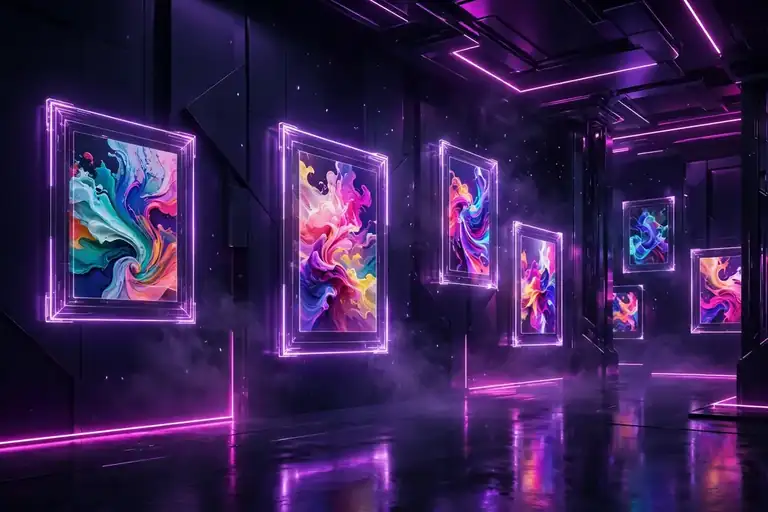 Digital art gallery with glowing holographic frames