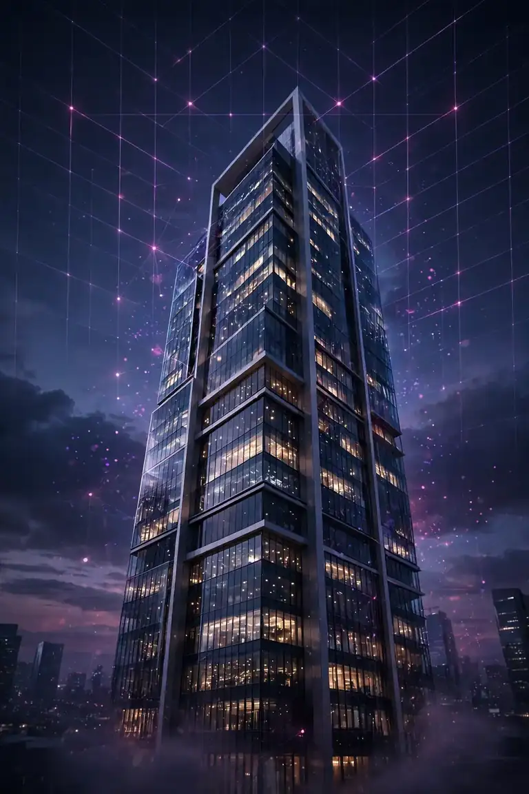Glass skyscraper with a glowing fractional grid overlay