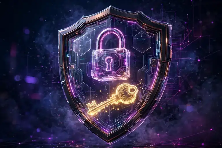 Glowing padlock and shield protecting a digital key