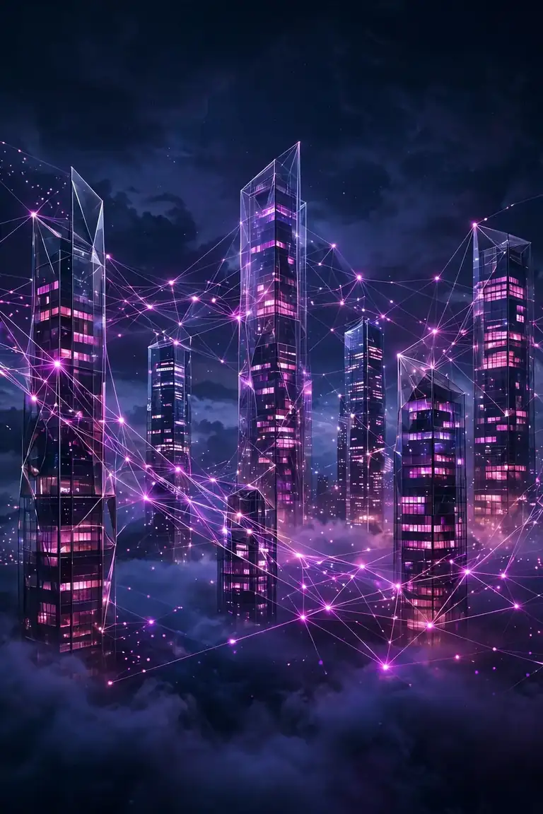 City towers connected by a glowing network
